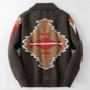 Vintage geometric jacquard knit cardigan for men, thick winter lapel sweater jacket