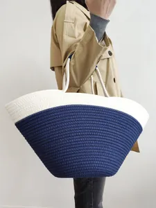 Large capacity color-block cotton rope woven tote bag for stylish beach and vacation use