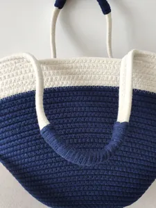 Large navy blue and cream color block cotton rope woven beach tote bag for summer vacation