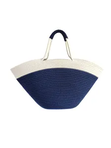 Large capacity navy blue and white color-block cotton rope woven tote bag for beach