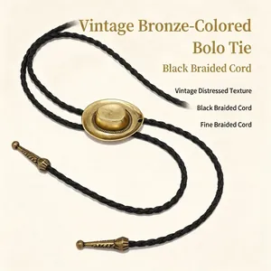Vintage bronzen cowboyhoed bolo tie met zwart gevlochten koord voor heren.