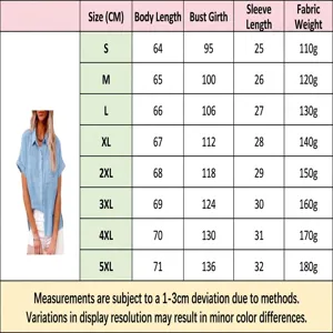 Detailed size chart for women's short sleeve linen shirt, showing S to 5XL dimensions