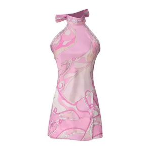 Sleeveless halter top and printed mini skirt set with pink psychedelic swirl pattern