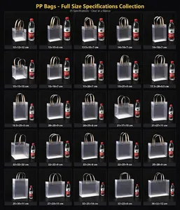 Detailed size chart for frosted PP plastic gift bags with handles in 25 dimensions.