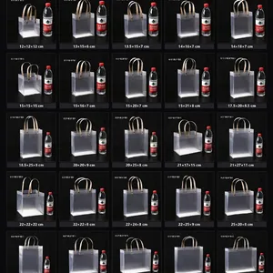 Grid of frosted transparent PP gift bags in various sizes for wedding favors and gifts.