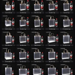 Grid of frosted transparent PP gift bags in various sizes for wedding favors and gifts.