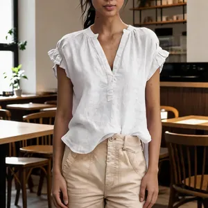 Bohemian Casual V-Neck Short Sleeve Cotton Linen Women Top Ruffle Sleeve Solid Color Summer Blouse For Ladies