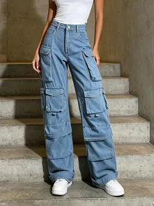 Women High Waist Cargo Wide Leg Pants Multi Pockets Streetwear Acid Wash Distressed Polyester Blend Long Trousers