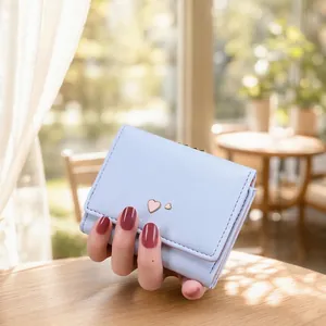 Cartera Pequeña Mujeres Triple Plegado Hebilla Corazón Cuero PU Monedero Compacto Moda
