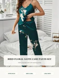 Elegant emerald green bird floral print satin camisole and pants pajama set for women