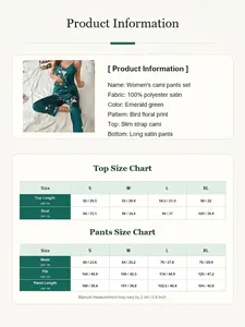 Detailed size chart and product info for women's emerald green satin pajama set