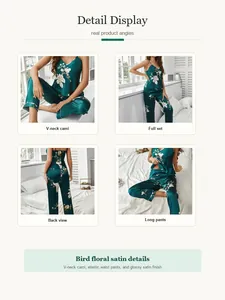 Detail view of emerald green bird floral satin pajama set with V-neck cami top