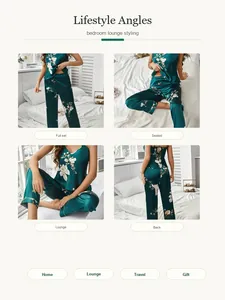 Four-angle lifestyle shots of teal floral silk pajamas set for lounge and home.