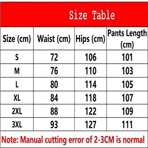 Size guide for men's fashion casual straight pants with waist, hip and length measurements.