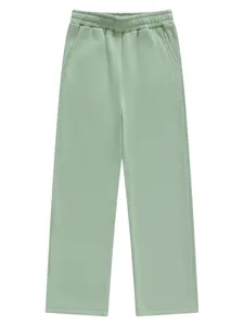 Flat lay view of mint green straight-leg casual trousers featuring an elastic waistband