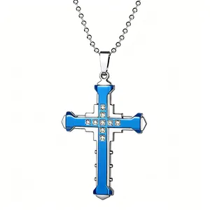 Collana con ciondolo a croce punk in acciaio inossidabile blu e argento con diamanti