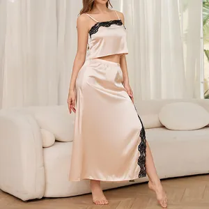 Set Pigiama da Donna Sexy in Satén con Top a Canotta Bordo in Pizzo e Gonna Lunga con Spacco Abbigliamento da Notte Champagne