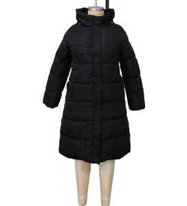 Full-length detail view of a warm black hooded puffer coat for winter protection