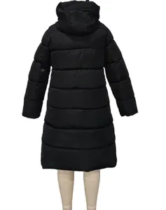 Detailed rear view of a black long hooded puffer jacket with thick quilted design