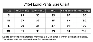 Detailed size guide for yoga pants showing waist, hip, and length measurements