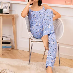 Elegant floral print camisole and long pants two-piece sleepwear set for women