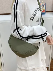 Japanese style olive green canvas crescent dumpling bag for crossbody wear