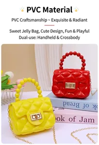 Detailansicht gesteppter PVC-Mini-Gelee-Taschen mit Perlengriffen in Rot und Gelb