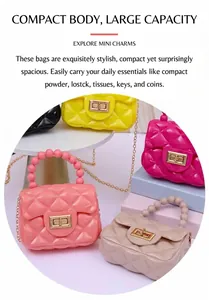 Detailansicht gesteppter Mini-Gelee-Taschen mit Perlengriffen in versch. Farben