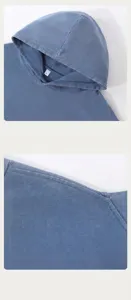Detail van de vintage blauw gewassen distressed hoodie stof en duurzame dubbele naden.