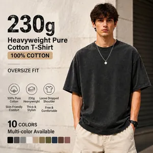 T-shirt pour Hommes en Coton Lourd Délavé Vintage Usé Coupe Large Haut à Manches Courtes Streetwear Américain Col Rond Décontracté