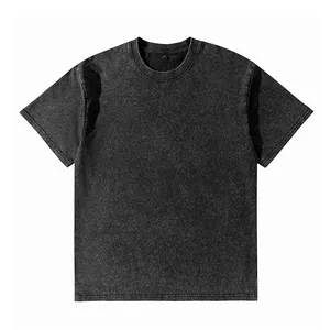 T-shirt homme 230g délavé gris foncé coupe ample style rétro américain col rond coton