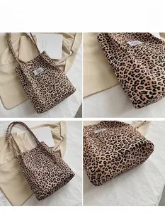 Sac cabas en velours côtelé léopard montrant plusieurs angles et détails du fond