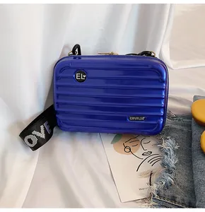 Detailansicht der glänzend blauen Mini-Umhängetasche in Kofferform mit Rillen-Design.