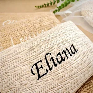 Detailed close-up showing the texture of handmade straw bag with custom embroidery