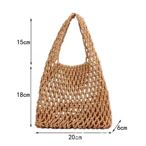 Detailed dimensions of hand-woven cotton rope hollow-out bag for beach vacation