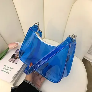 Candy colored transparent blue jelly PVC underarm shoulder bag with minimalist design