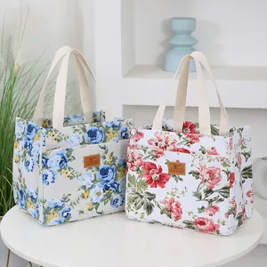 Stylish floral insulated lunch box tote bag with canvas handles and large capacity