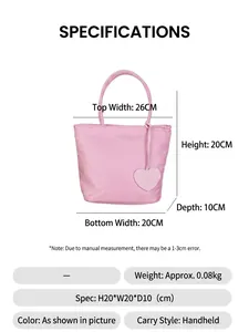 Detailed size parameter of a pink heart charm tote bag with 20x20x10 cm dimensions.