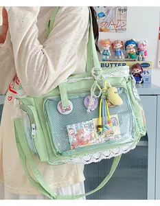 Detail einer hellgrünen Ita-Bag mit Spitze, Fenster und Plüschanhängern.