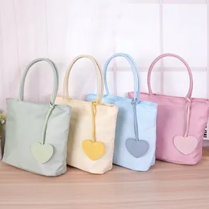 Dopamine Color Nylon Tote Bag With Heart Pendant Minimalist Double Handle Handbag For Women Daily Casual Top Handle Bag