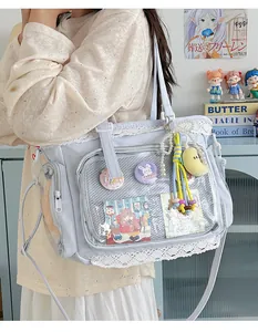Detailansicht der hellblauen japanischen Ita-Tasche mit Spitze und Klarsichtfach