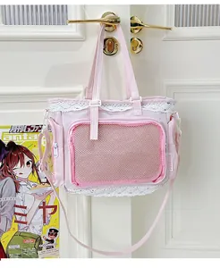Süße rosa japanische Ita-Tasche mit weißem Spitzenbesatz und großem Sichtfenster