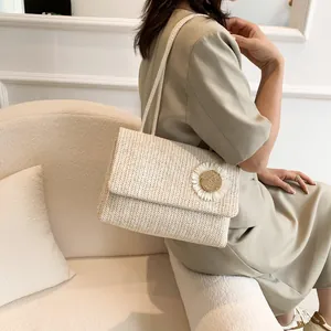Bolso de Hombro de Paja Tejida con Flores de Verano para Mujer Bolso de Mano de Playa Floral Hecho a Mano Casual de Paja