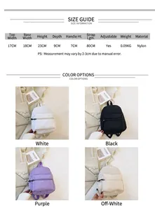 Size information and multi-color display for classic nylon mini backpack.