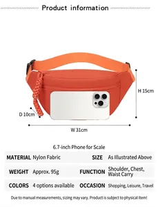 Produktspezifikationen und Größenvergleich für diese orangefarbene Nylon-Gürteltasche
