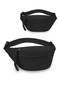 Detailaufnahme der schwarzen Nylon-Gürteltasche mit Textur und gewebter Seil-Reißverschlussdeko
