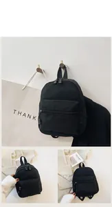 Detailed view of black nylon backpack shown from multiple angles and lifestyle settings