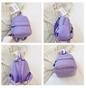 Close-up detail of a stylish purple nylon mini backpack from four different view angles