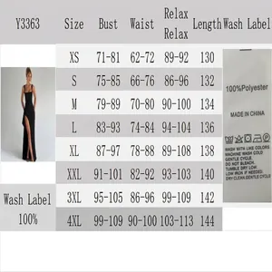 Detaillierte Größentabelle und Waschanleitung für schwarzes Maxikleid.