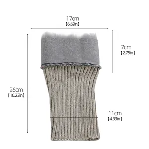 Detailed view of knitted faux fur leg warmers with dimensions in cm and inches